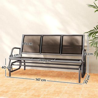 Panca a Dondolo da Giardino in Metallo e Tessuto Traspirante, 3 Posti, Nero, 147x70x85cm