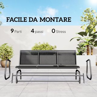 Panca a Dondolo da Giardino in Metallo e Tessuto Traspirante, 3 Posti, Nero, 147x70x85cm