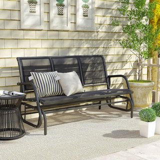 Panca a Dondolo da Giardino in Metallo e Tessuto Traspirante, 3 Posti, Nero, 147x70x85cm