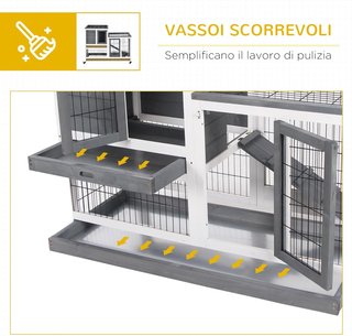Conejera Interior de Madera de Abeto con Ruedas, Bandejas Extraíbles y Casa para Conejos con Rampa, 110X50X88 Cm, Gris y Blanco