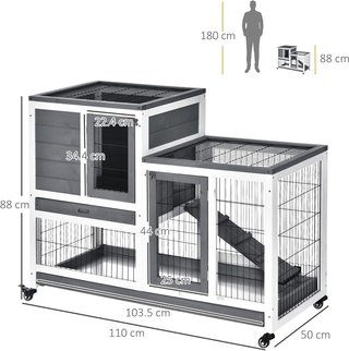 Conejera Interior de Madera de Abeto con Ruedas, Bandejas Extraíbles y Casa para Conejos con Rampa, 110X50X88 Cm, Gris y Blanco
