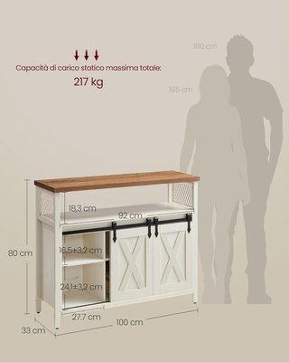 Credenza, Mueble de Cocina, Armario Organizador, Con 2 Puertas Correderas, 33 X 100 X 80 Cm, Estantes Regulables, Estilo Country, para Salón, Blanco Vintage y Marrón Miel