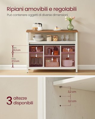 Credenza, Mueble de Cocina, Armario Organizador, Con 2 Puertas Correderas, 33 X 100 X 80 Cm, Estantes Regulables, Estilo Country, para Salón, Blanco Vintage y Marrón Miel
