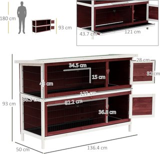 Conejera Exterior de Madera, Jaula para Conejos, Cobayas y Roedores Impermeable 136.4X50X93Cm Marrón