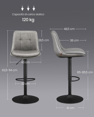 Conjunto de 2 Taburetes de Bar, Sillas de Bar Giratorias Ajustables en Altura, PU Acolchado, Sillas de Cocina con Respaldo y Reposapiés, Comedor, Barra, Acero, Gris Tortora LJB095G01