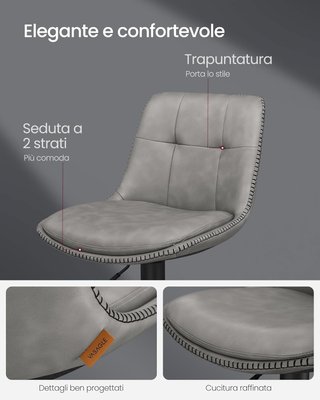 Conjunto de 2 Taburetes de Bar, Sillas de Bar Giratorias Ajustables en Altura, PU Acolchado, Sillas de Cocina con Respaldo y Reposapiés, Comedor, Barra, Acero, Gris Tortora LJB095G01