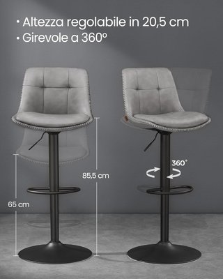Conjunto de 2 Taburetes de Bar, Sillas de Bar Giratorias Ajustables en Altura, PU Acolchado, Sillas de Cocina con Respaldo y Reposapiés, Comedor, Barra, Acero, Gris Tortora LJB095G01