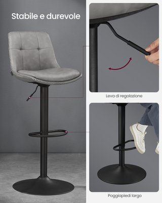 Conjunto de 2 Taburetes de Bar, Sillas de Bar Giratorias Ajustables en Altura, PU Acolchado, Sillas de Cocina con Respaldo y Reposapiés, Comedor, Barra, Acero, Gris Tortora LJB095G01