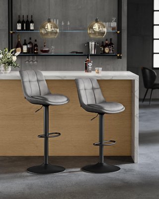 Conjunto de 2 Taburetes de Bar, Sillas de Bar Giratorias Ajustables en Altura, PU Acolchado, Sillas de Cocina con Respaldo y Reposapiés, Comedor, Barra, Acero, Gris Tortora LJB095G01