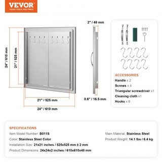 Puerta de Acceso BBQ, Puerta Doble para Cocina Exterior de 610x610 mm, Puerta de Montaje Flush de Acero Inoxidable, Puerta Vertical de Doble Pared con Manijas y Ganchos, para Isla BBQ, Estación de...
