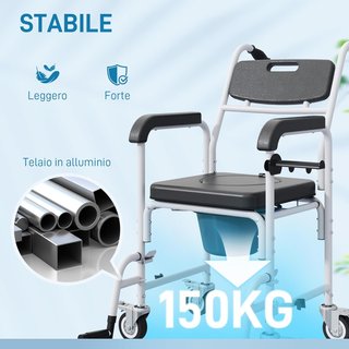 Silla de Ruedas Con WC Impermeable 4 en 1, Silla Cómoda WC para Ancianos y Discapacitados Con Ruedas, Freno y Porta Rollos, Carroza Silla Para Ducha Baño Con Reposapiés Plegables y Apoyabrazos, Negro