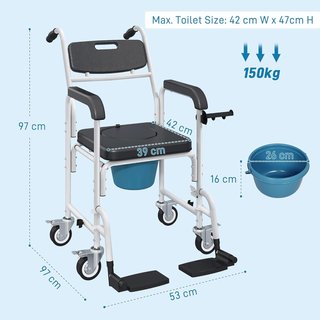 Silla de Ruedas Con WC Impermeable 4 en 1, Silla Cómoda WC para Ancianos y Discapacitados Con Ruedas, Freno y Porta Rollos, Carroza Silla Para Ducha Baño Con Reposapiés Plegables y Apoyabrazos, Negro