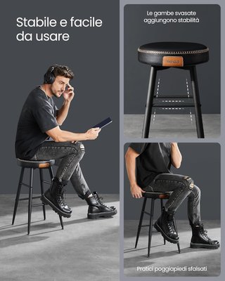 Taburetes de Cocina, Set de 4 Taburetes Altos de Bar, Sillas de Cocina, PU con Costura, Moderno de Mediados de Siglo, Altura 63 cm, Fácil de Montar, Negro Tinta