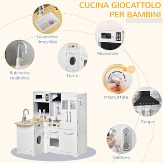 Cocina de Juguete para Niños de 3-6 Años en Madera con Sonidos, 14 Accesorios, Horno, Fregadero y Nevera, 82X65X87Cm, Blanco