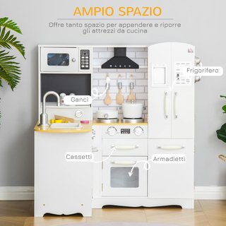 Cocina de Juguete para Niños de 3-6 Años en Madera con Sonidos, 14 Accesorios, Horno, Fregadero y Nevera, 82X65X87Cm, Blanco