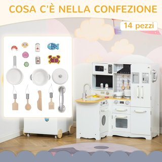 Cocina de Juguete para Niños de 3-6 Años en Madera con Sonidos, 14 Accesorios, Horno, Fregadero y Nevera, 82X65X87Cm, Blanco