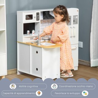 Cocina de Juguete para Niños de 3-6 Años en Madera con Sonidos, 14 Accesorios, Horno, Fregadero y Nevera, 82X65X87Cm, Blanco