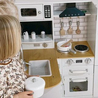 Cocina de Juguete para Niños de 3-6 Años en Madera con Sonidos, 14 Accesorios, Horno, Fregadero y Nevera, 82X65X87Cm, Blanco