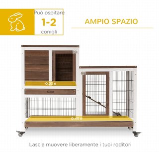 Conejera Interior de Madera de Abeto con Ruedas, Bandejas Extraíbles y Casa para Conejos con Rampa, 110X50X88 Cm, Marrón y Blanco