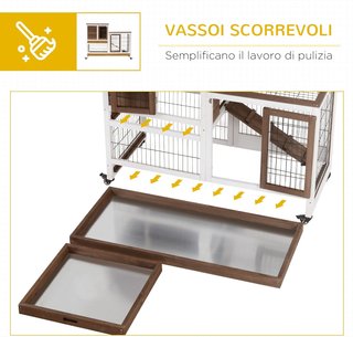 Conejera Interior de Madera de Abeto con Ruedas, Bandejas Extraíbles y Casa para Conejos con Rampa, 110X50X88 Cm, Marrón y Blanco