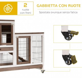 Conejera Interior de Madera de Abeto con Ruedas, Bandejas Extraíbles y Casa para Conejos con Rampa, 110X50X88 Cm, Marrón y Blanco