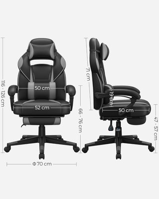 Silla de Oficina, Silla Racing Ergonómica, Reposapiés Telescópico, Respaldo Inclinable, Reposacabezas y Soporte Lumbar, Capacidad de 150 Kg, Negro Tinta y Gris Tortora