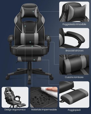 Silla de Oficina, Silla Racing Ergonómica, Reposapiés Telescópico, Respaldo Inclinable, Reposacabezas y Soporte Lumbar, Capacidad de 150 Kg, Negro Tinta y Gris Tortora