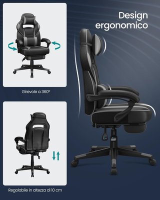 Silla de Oficina, Silla Racing Ergonómica, Reposapiés Telescópico, Respaldo Inclinable, Reposacabezas y Soporte Lumbar, Capacidad de 150 Kg, Negro Tinta y Gris Tortora