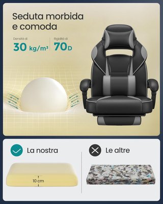 Silla de Oficina, Silla Racing Ergonómica, Reposapiés Telescópico, Respaldo Inclinable, Reposacabezas y Soporte Lumbar, Capacidad de 150 Kg, Negro Tinta y Gris Tortora
