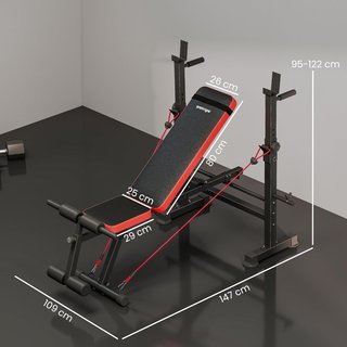 Banco de Gimnasio Multifuncional Con Asiento, Soporte para Barra y Respaldo Ajustables, Banco de Pesas Con Estación de Fondos, Extensión de Piernas, Abdominales, 2 Bandas, Carga 420Kg, Entrenamien...