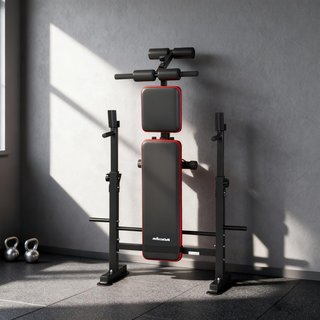 Banco de Gimnasio Multifuncional Con Asiento, Soporte para Barra y Respaldo Ajustables, Banco de Pesas Con Estación de Fondos, Extensión de Piernas, Abdominales, 2 Bandas, Carga 420Kg, Entrenamien...
