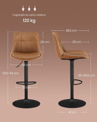 Conjunto de 2 Taburetes de Bar, Sillas de Bar Giratorias Ajustables en Altura, PU Acolchado, Sillas de Cocina con Respaldo y Reposapiés, Comedor, Barra, Acero, Marrón Caramelo LJB095K01