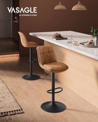 Conjunto de 2 Taburetes de Bar, Sillas de Bar Giratorias Ajustables en Altura, PU Acolchado, Sillas de Cocina con Respaldo y Reposapiés, Comedor, Barra, Acero, Marrón Caramelo LJB095K01
