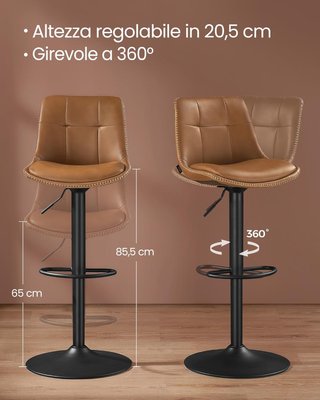 Conjunto de 2 Taburetes de Bar, Sillas de Bar Giratorias Ajustables en Altura, PU Acolchado, Sillas de Cocina con Respaldo y Reposapiés, Comedor, Barra, Acero, Marrón Caramelo LJB095K01