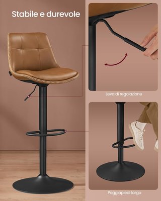 Conjunto de 2 Taburetes de Bar, Sillas de Bar Giratorias Ajustables en Altura, PU Acolchado, Sillas de Cocina con Respaldo y Reposapiés, Comedor, Barra, Acero, Marrón Caramelo LJB095K01