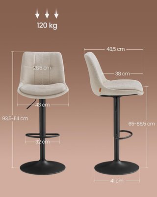 Conjunto de 2 Taburetes de Bar, Sillas de Bar Giratorias Ajustables en Altura, Terciopelo, Sillas de Cocina con Respaldo y Reposapiés, Comedor, Barra, Acero, Blanco Crema LJB195W02