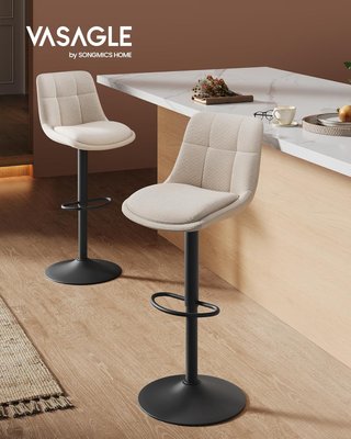 Conjunto de 2 Taburetes de Bar, Sillas de Bar Giratorias Ajustables en Altura, Terciopelo, Sillas de Cocina con Respaldo y Reposapiés, Comedor, Barra, Acero, Blanco Crema LJB195W02