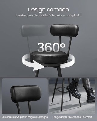 Conjunto de 2 Sillas de Cocina, Taburetes de Bar Giratorios con Respaldo, Sillas de Cocina, Tapizado con Costura, Estilo Moderno de Mediados de Siglo, Altura 65 cm, Negro Tinta