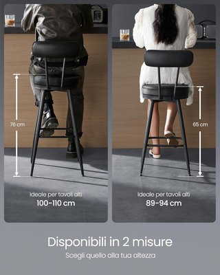 Conjunto de 2 Sillas de Cocina, Taburetes de Bar Giratorios con Respaldo, Sillas de Cocina, Tapizado con Costura, Estilo Moderno de Mediados de Siglo, Altura 65 cm, Negro Tinta