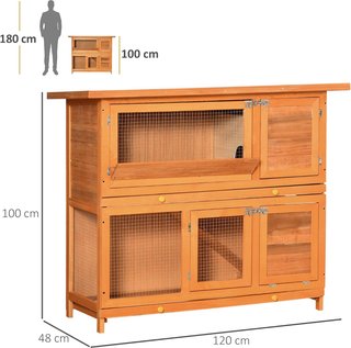 Conejera Exterior de Madera con Rampa y Casa de 2 Pisos, Casa Jaula para Conejos y Cobayas, Animales Pequeños, 122X48X100 Cm