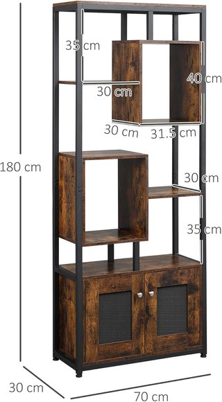 Estante Librería en Estilo Industrial con Armario de 2 Puertas, Estante Ahorra Espacio de 8 Estantes para Casa y Oficina, 70X30X180Cm, Marrón