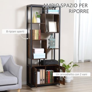 Estante Librería en Estilo Industrial con Armario de 2 Puertas, Estante Ahorra Espacio de 8 Estantes para Casa y Oficina, 70X30X180Cm, Marrón