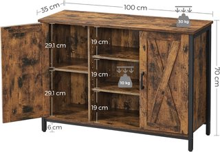 Mueble de Cocina, Credenza, Armario con Compartimentos Cerrados y Estantes, Puertas Estilo Granero, para Comedor Cocina Sala de Entrada, Industrial, Marrón Vintage y Negro