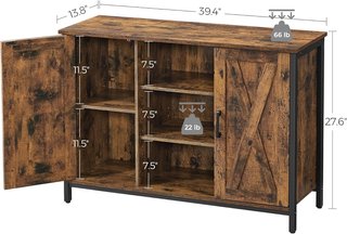 Mueble de Cocina, Credenza, Armario con Compartimentos Cerrados y Estantes, Puertas Estilo Granero, para Comedor Cocina Sala de Entrada, Industrial, Marrón Vintage y Negro