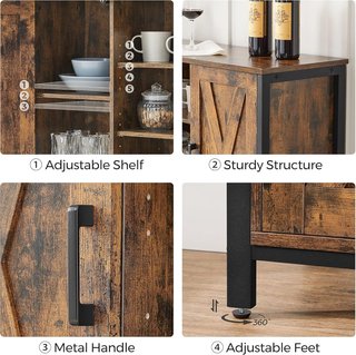 Mueble de Cocina, Credenza, Armario con Compartimentos Cerrados y Estantes, Puertas Estilo Granero, para Comedor Cocina Sala de Entrada, Industrial, Marrón Vintage y Negro