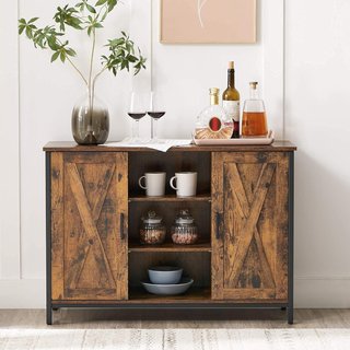Mueble de Cocina, Credenza, Armario con Compartimentos Cerrados y Estantes, Puertas Estilo Granero, para Comedor Cocina Sala de Entrada, Industrial, Marrón Vintage y Negro