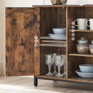 Mueble de Cocina, Credenza, Armario con Compartimentos Cerrados y Estantes, Puertas Estilo Granero, para Comedor Cocina Sala de Entrada, Industrial, Marrón Vintage y Negro