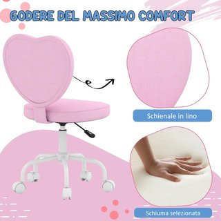 Silla de Escritorio en Forma de Corazón, Silla de Oficina con 5 Ruedas Giratorias y Altura Ajustable en Tela, 42X50X79-89Cm, Rosa
