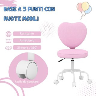 Silla de Escritorio en Forma de Corazón, Silla de Oficina con 5 Ruedas Giratorias y Altura Ajustable en Tela, 42X50X79-89Cm, Rosa