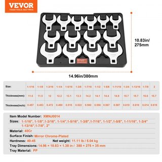 Juego de Llaves de Codo, Juego SAE de 14 Piezas de 1/2" Drive (1-1/16" - 2") con Bandeja de Almacenamiento, Material 40CR con Tamaño Grabado con Láser, para Mantenimiento o Reparaciones Mecánicas
